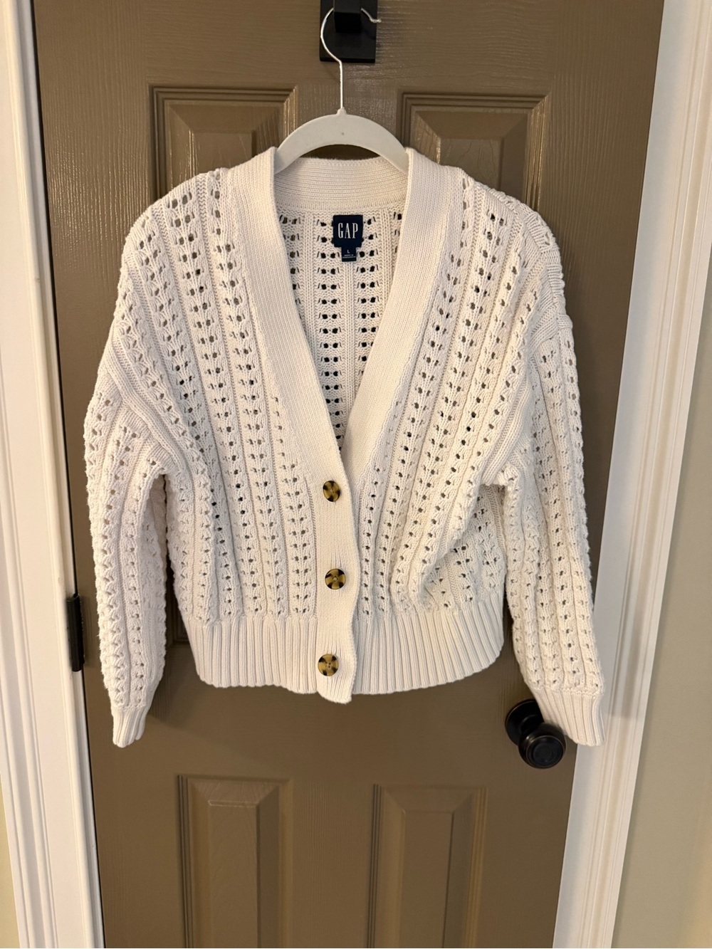GAP Cream Open-Knit Button Front Cardigan